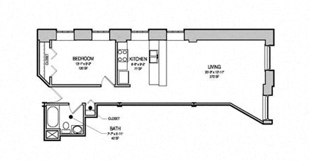 Floor plan for 1 bed, 1 bath, 627 sqft
